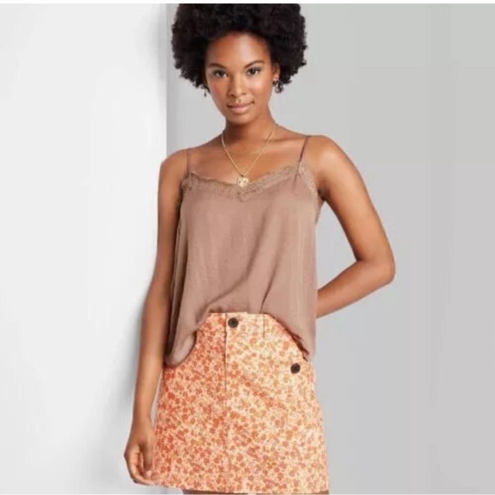 Wild Fable Womens NWT Lace Trim Satin Cami/Blouse- Mauve Brown - Size Large
